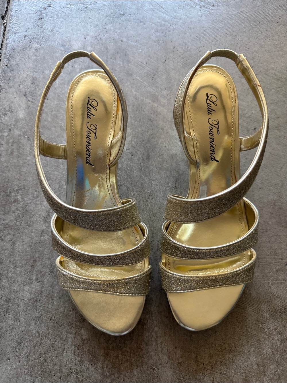 Lulu Townsend Champagne Gold Glitter Multi-Strap Slingback Heels